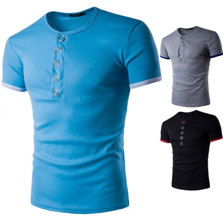 New Summer Men's Placket Knock Button Hit Color Short-Sleeved T-Shirt Casual Lapel Bottoming Shirt