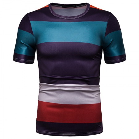 New Summer Men's Short-Sleeved T-Shirt Contrast Striped Slim Casual T-Shirt