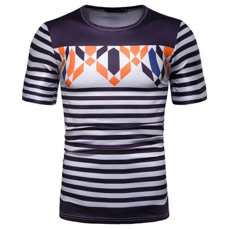 New Summer Men's Short-Sleeved T-Shirt Contrast Striped Slim Casual T-Shirt