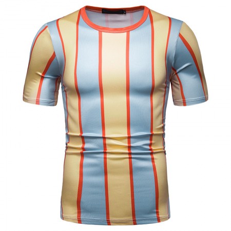 New Summer Men's Short-Sleeved T-Shirt Contrast Striped Slim Casual T-Shirt