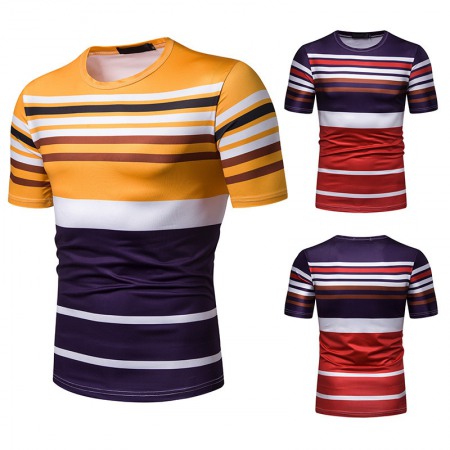 Men's Short-Sleeved T-Shirt Contrast Striped Slim Casual T-Shirt
